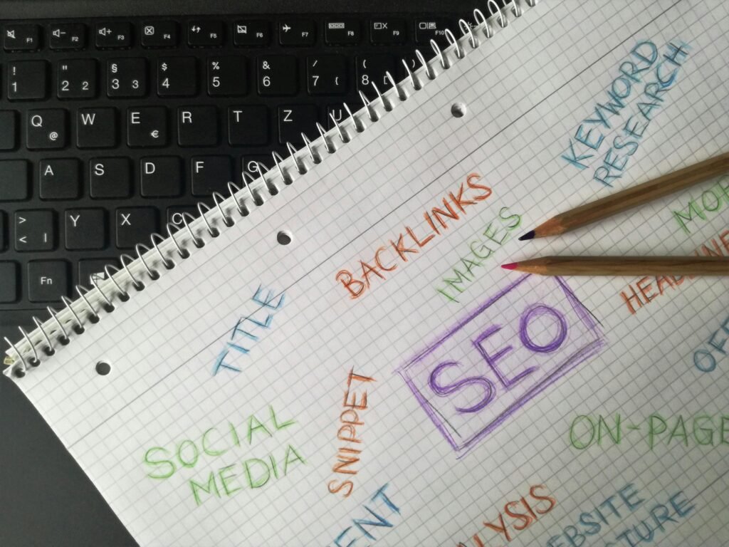 Components of SEO written on the paper.