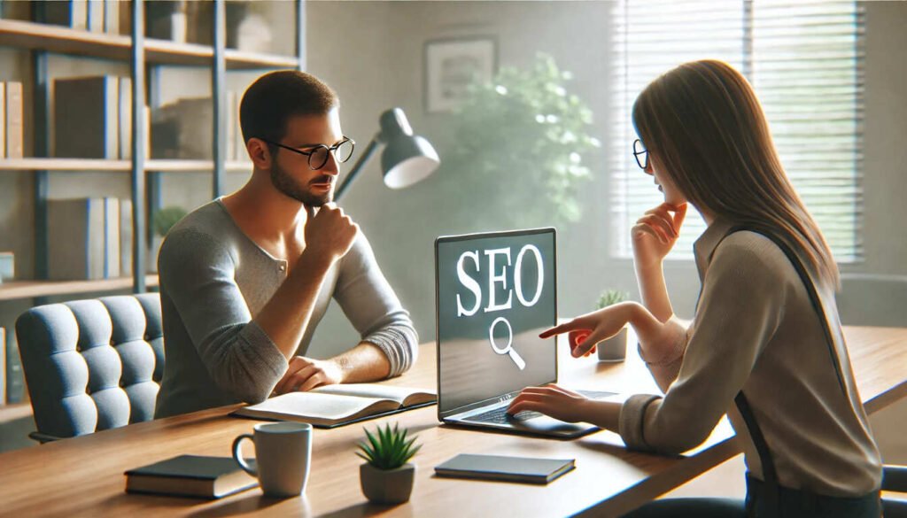 Two people  discussing about SEO