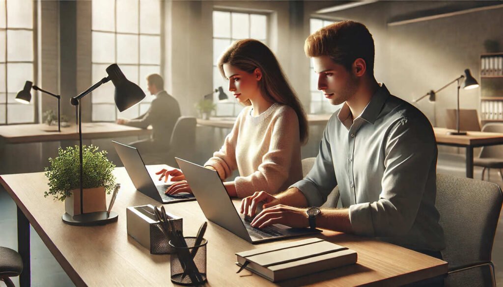 Two people busy working on a laptop