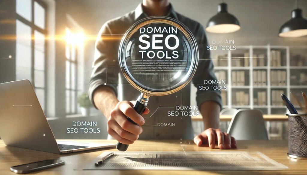 A person magnifying and examining about DOMAIN SEO TOOLS