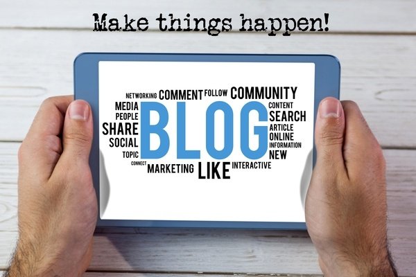 A tablet screen with the word "BLOG" surrounded by keywords related to SEO, emphasizing the importance of fresh content for search engine optimization.