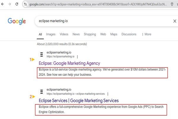 Search Engine Results Page (SERP) for 'eclipse marketing io' showcasing Eclipse as a leading Google marketing agency with a focus on generating revenue for businesses.