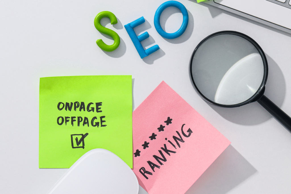 Colorful notes labeled On-page, Off-page, and Ranking, with SEO letters and a magnifying glass on the table