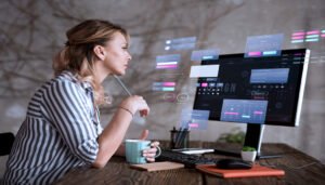 1. Close-up of a person engaging with a digital interface that shows interactive graphs and data points, illustrating the process of segmenting audiences for more effective Google Ads campaigns.