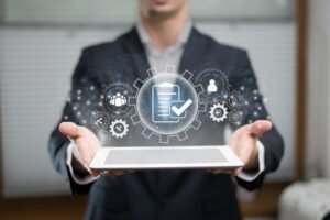 Professional holding tablet showing Technical SEO VS Content SEO optimization concepts.