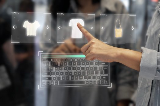 Business professional touching virtual shopping interface demonstrating search engine optimization advantages.