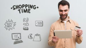 Smiling man shopping online with tablet showing SEO marketing strategy benefits.