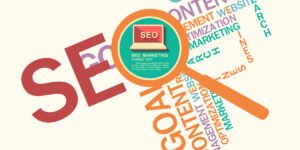Blog 1 What is SEO Marketing illustrated through colorful word cloud with magnifying glass.