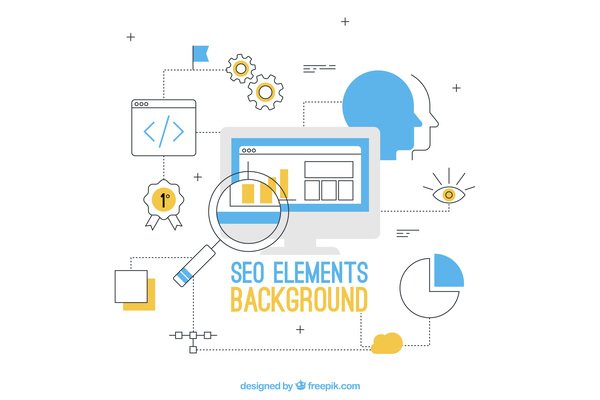 Monthly SEO elements background featuring coding, analytics, and website optimization icons together.