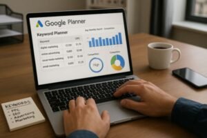 A marketer typing on a laptop showing CPC and keyword analysis