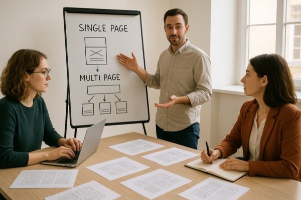 Business team discussing website structure options.