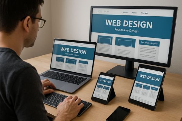 Web designer testing adaptive website versions across multiple devices.