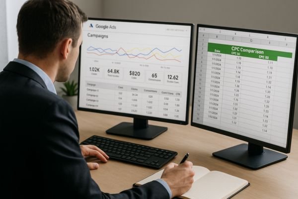 Business professional analyzing CPC data.