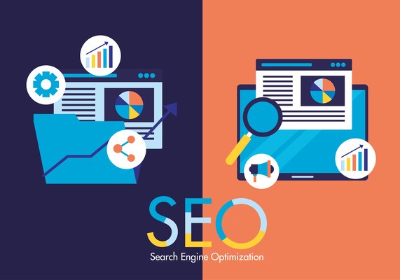 Digital marketing graphics depicting Off Page SEO external optimization strategy and growth metrics.