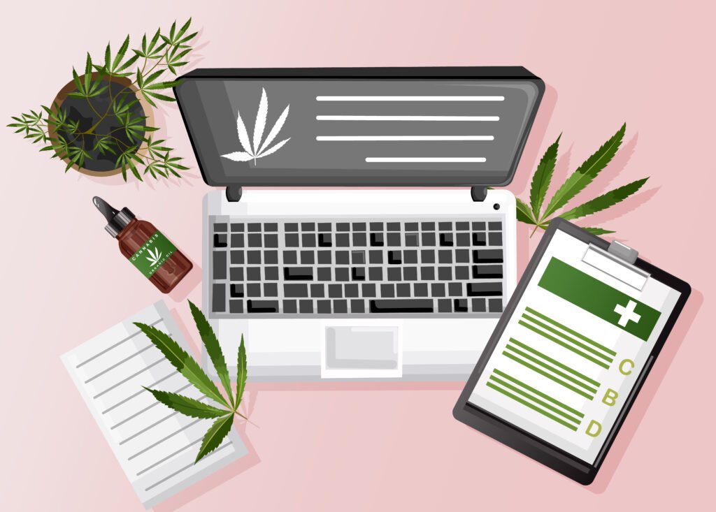 Cannabis composition with organic cbd oil, paper clipboard and marijuana site on laptop.