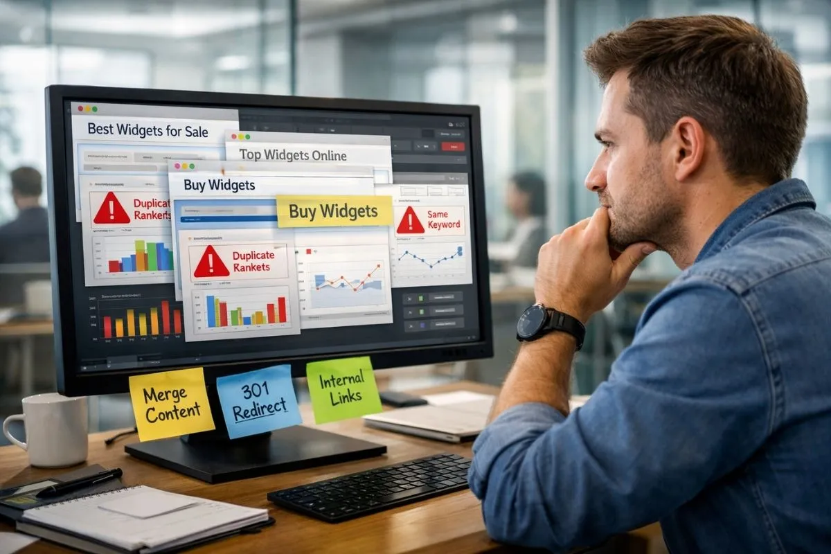 SEO expert reviewing keyword conflicts on a computer in an office.