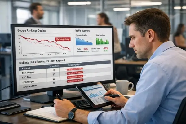 Keyword cannibalization impacting SEO rankings on a desktop screen.