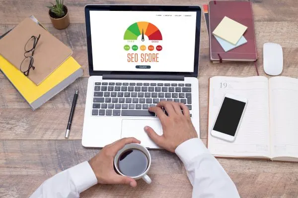 Man evaluating SEO score for website