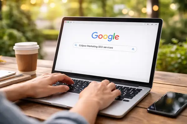 Person searching “Navigation-Based Keywords” on Google using a laptop outdoors