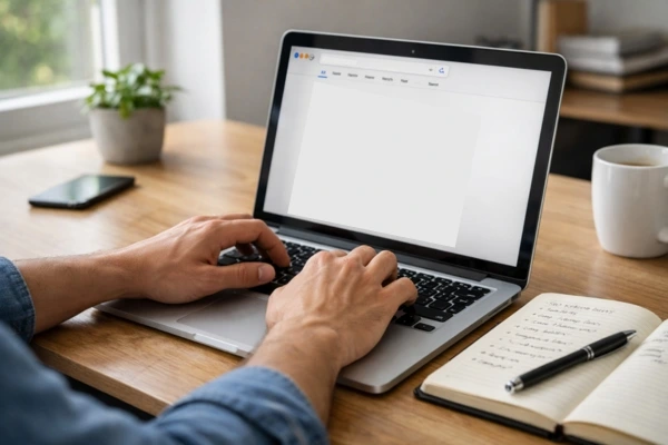 Are AEO And GEO The Same? 1 Professional researching Answer Engine Optimization (AEO) on a laptop.