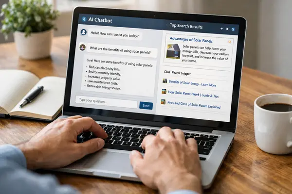 Why AEO Is Important For Business 1 Professional reviewing AEO-focused chatbot answers on a laptop.