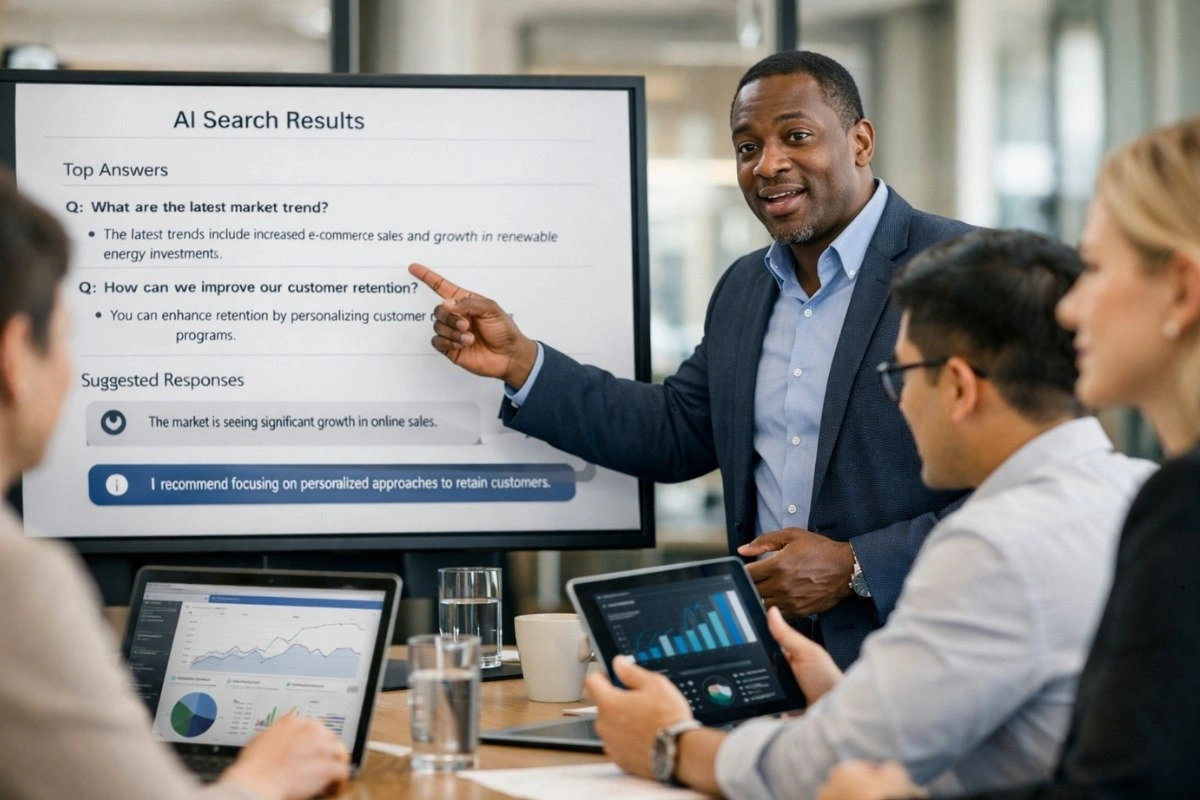 Business professionals using laptops to analyze AI-driven search results.