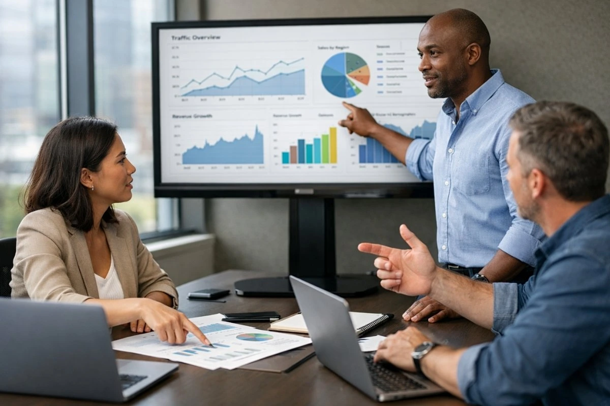 Team discussing AEO and GEO strategies while analyzing search performance data.