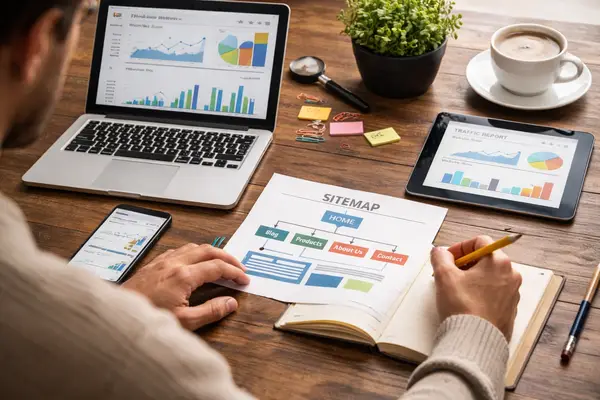 How Often Should You Update Your Sitemap? 1 Person updating a sitemap while reviewing analytics