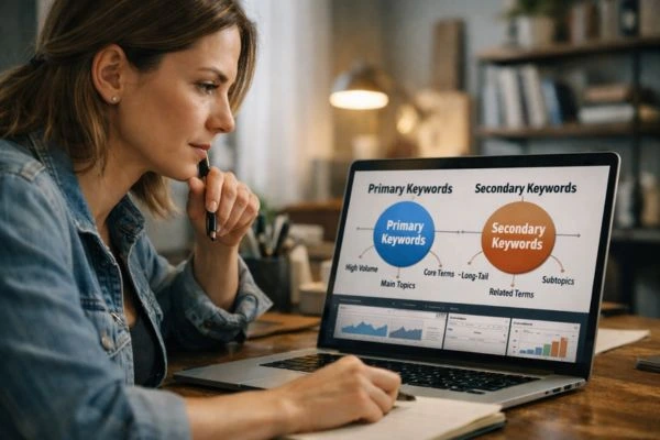 Woman conducting primary keyword SEO research