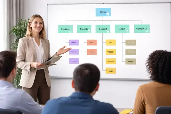 What's A Sitemap & Why Do You Need One? 1 Woman presenting sitemap in conference room