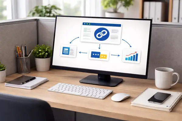 Backlinks infographic on a desk