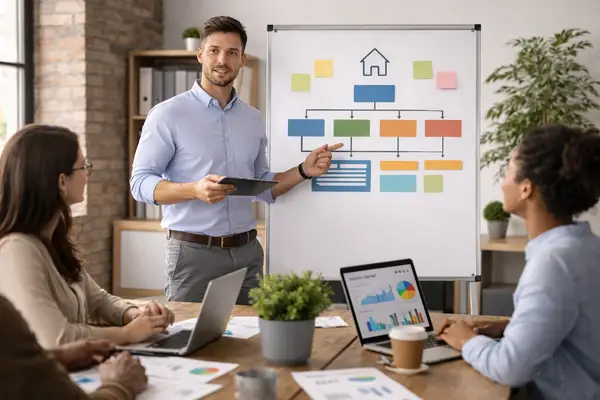 How Often Should You Update Your Sitemap? 3 Manager presenting a website structure flowchart