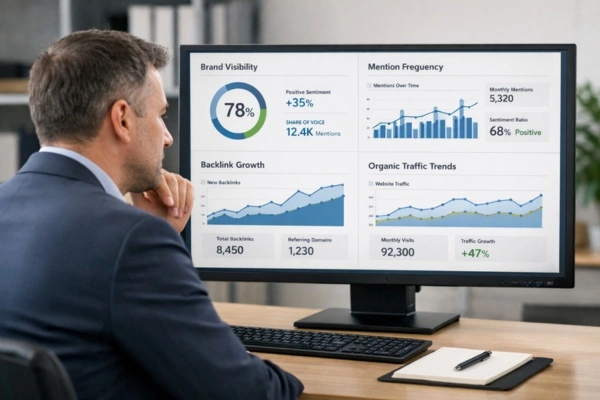 Analyzing brand visibility and backlink growth.