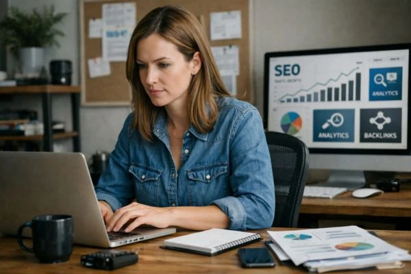Woman using primary keywords for SEO