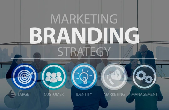 Business professionals viewing branding strategy icons for SEO marketing and brand awareness.