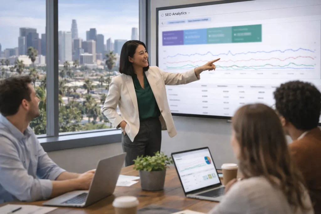 Businesswoman presenting SEO analytics in LA office
