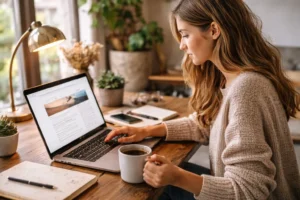 Home office blogger writing a post