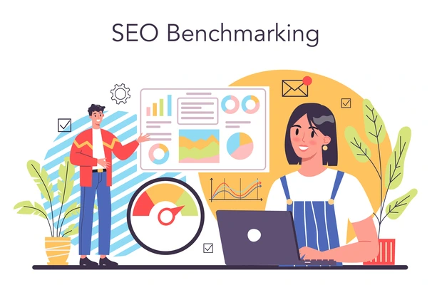 Illustration of team members analyzing SEO benchmarking data for brand reputation building.