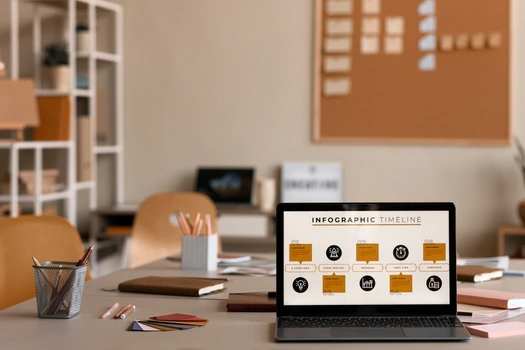 Laptop showing infographic about SEO benefits in professional office setting with supplies.