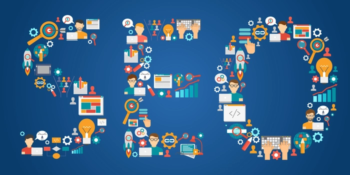 Large SEO text built from business icons representing Shopify SEO keyword placement.