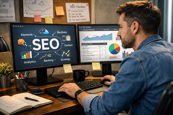 SEO Expert conducting keyword research in front of a PC