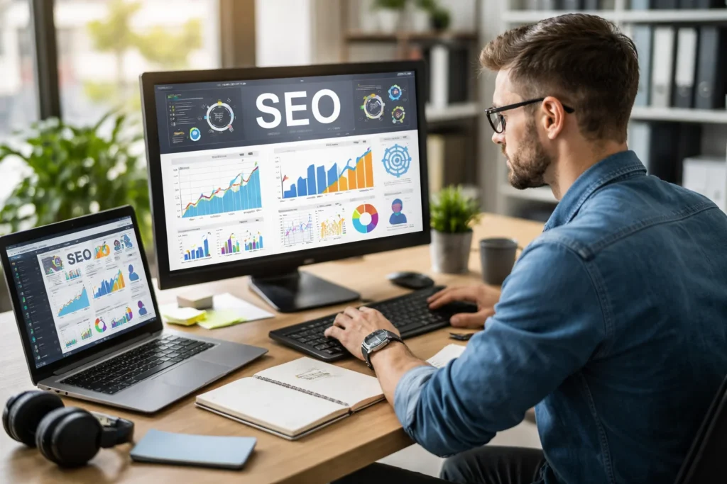 SEO expert analyzing website data in a Los Angeles office.