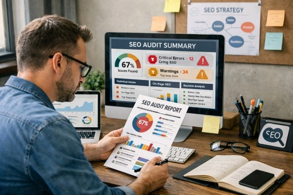 SEO specialist reviewing SEO Audit.