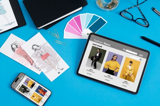 Tablet showing fashion store app with design sketches for branding SEO strategy.