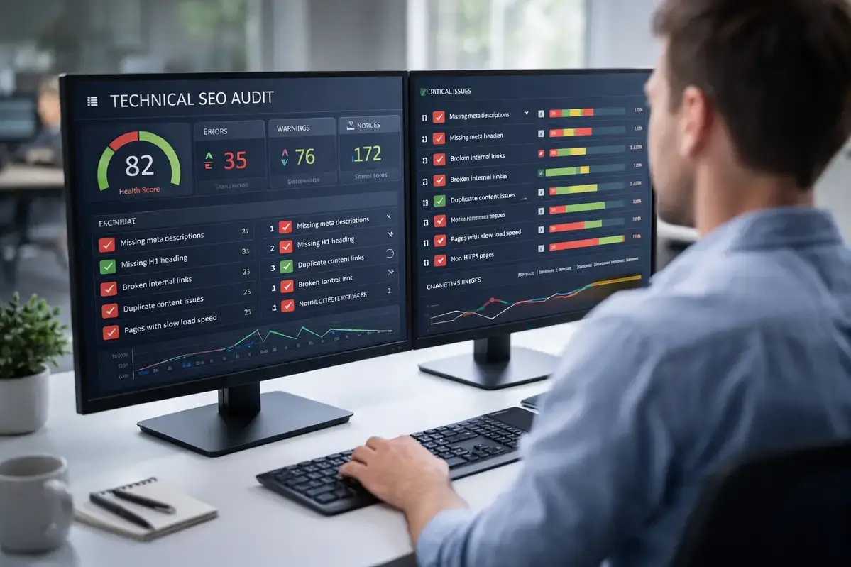 Developer reviewing technical SEO audit results on screen