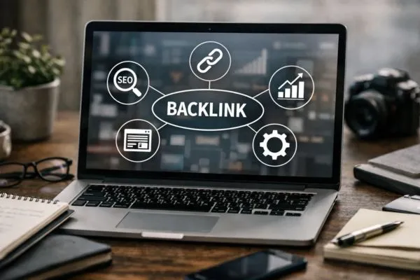 Conceptual graphic of backlinks improving SEO ranking