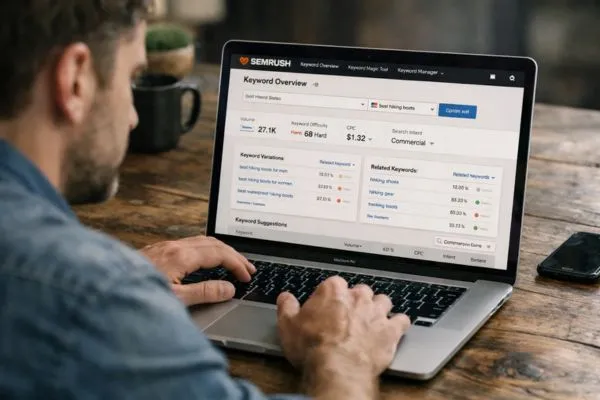 Man analyzing SEO data using SEMrush tool