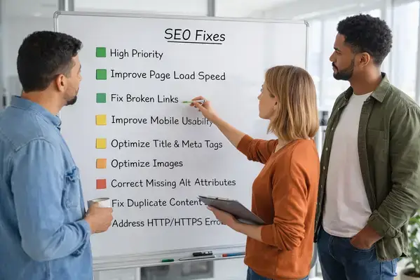 Marketing team prioritizing technical SEO fixes on whiteboard