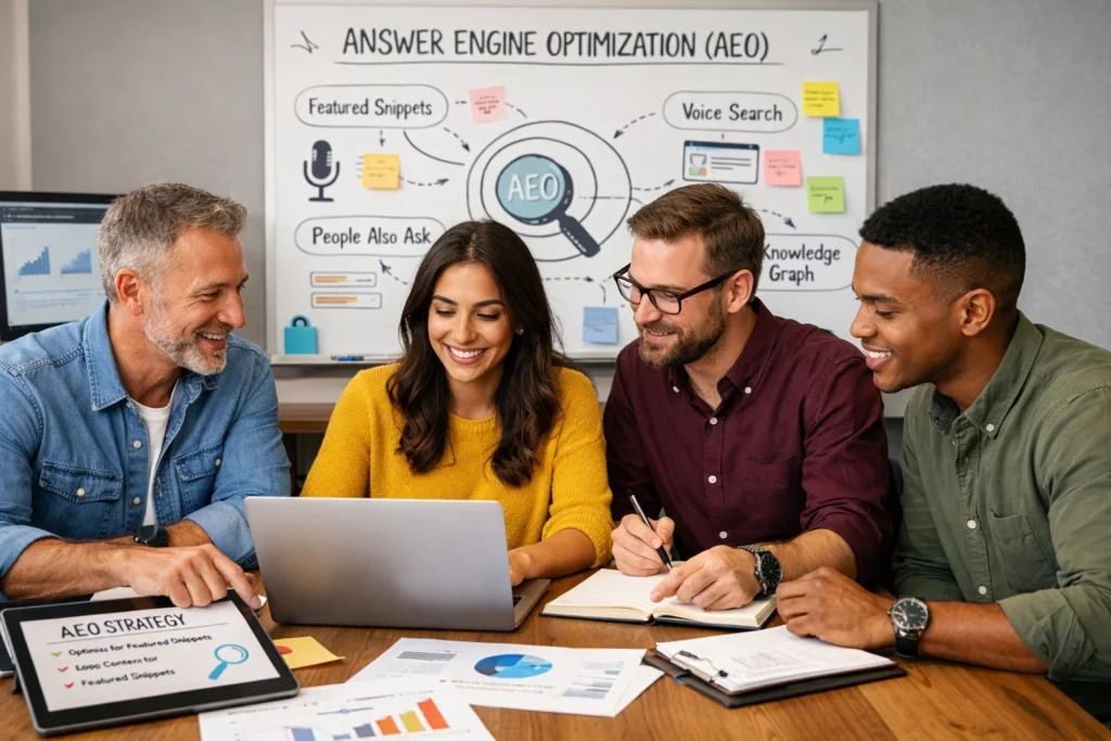 Answer engine optimization experts collaborating in an office in Denver, CO