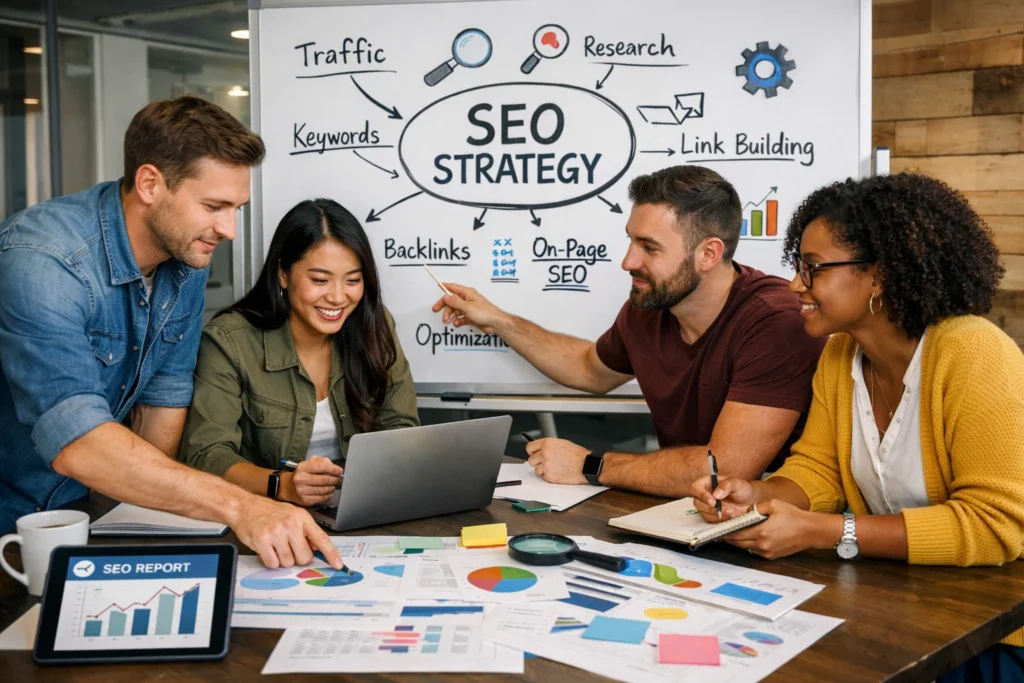 Digital marketing professionals planning SEO strategy in New York City, NY